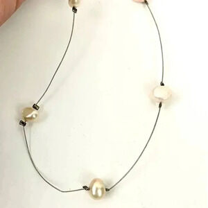 Baroque Pearl Wire Floating Necklace Silver .925 15" Choker